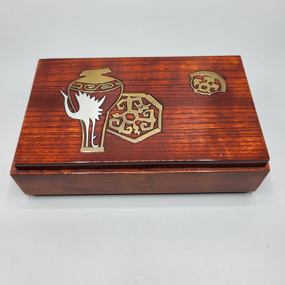 Vintage Asian Decorative Wooden Trinket Box Metal Inlays with Lid